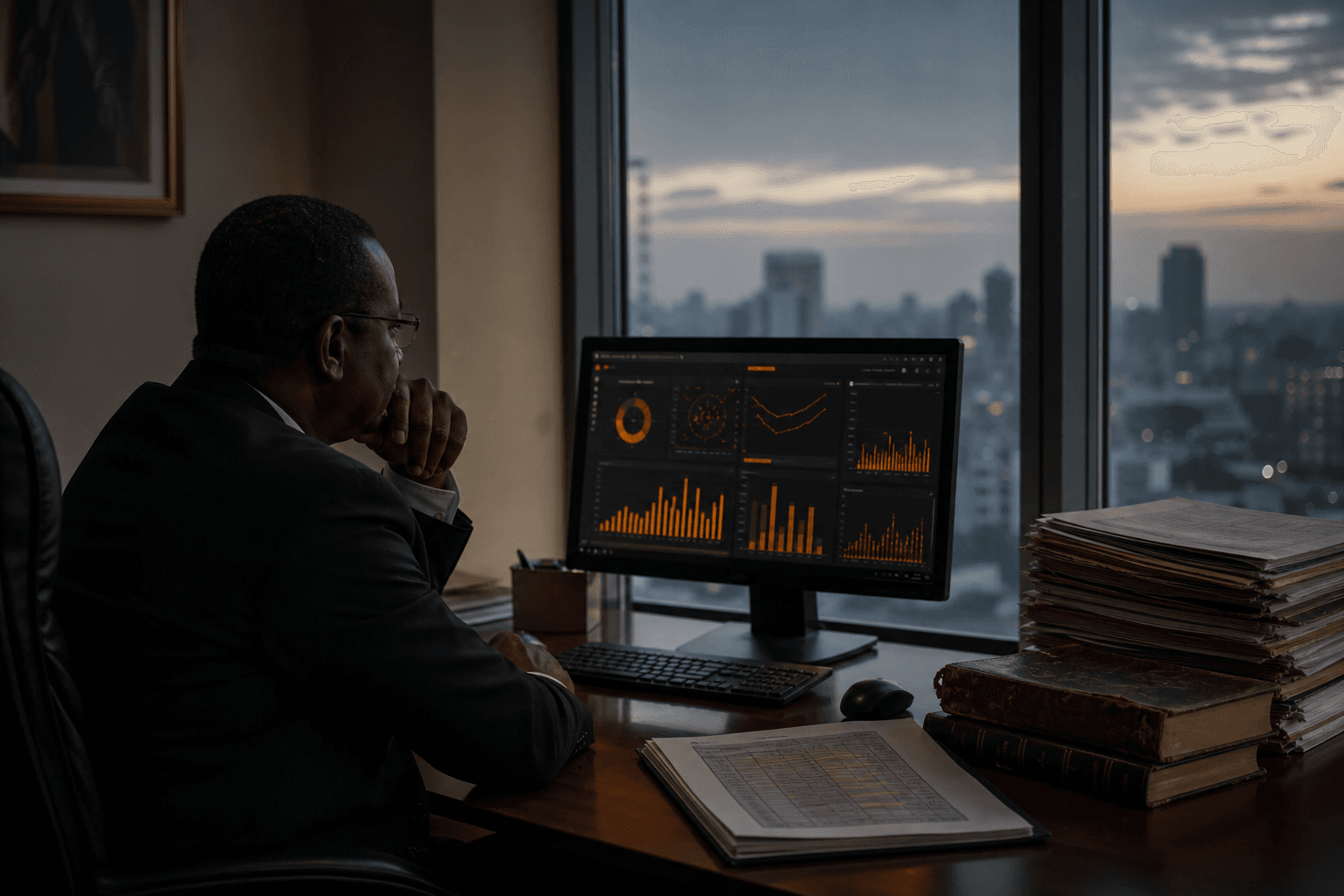 A Kinshasa school director at dusk looking at a live dashboard, with unused ledgers stacked beside the screen.