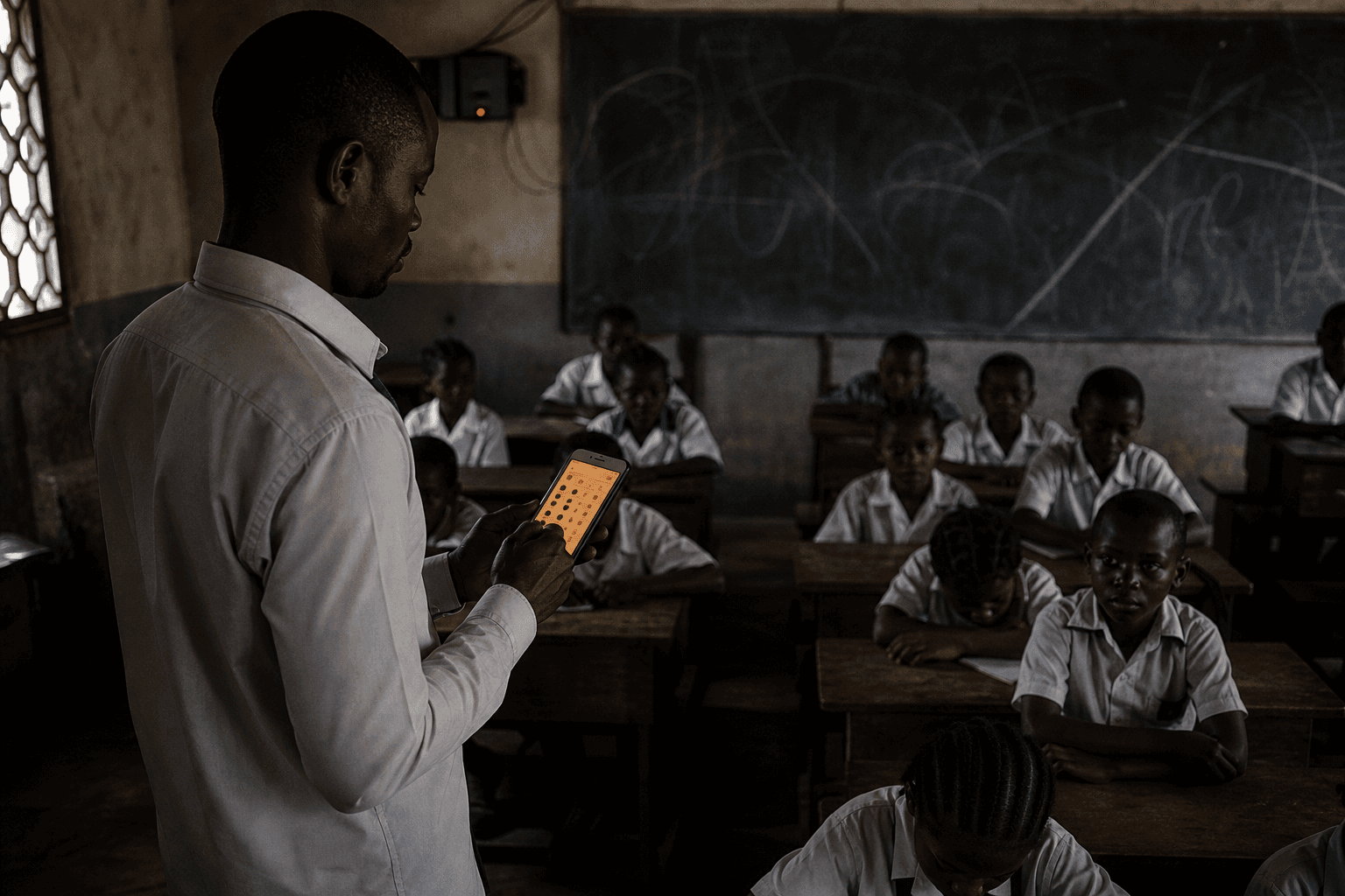 A Kinshasa teacher marking attendance on a smartphone in class while a router light sits dark in the corner.