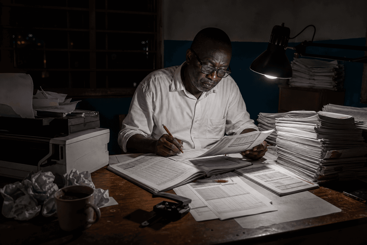 A teacher working late under a desk lamp reconstructing stacks of paper report cards.
