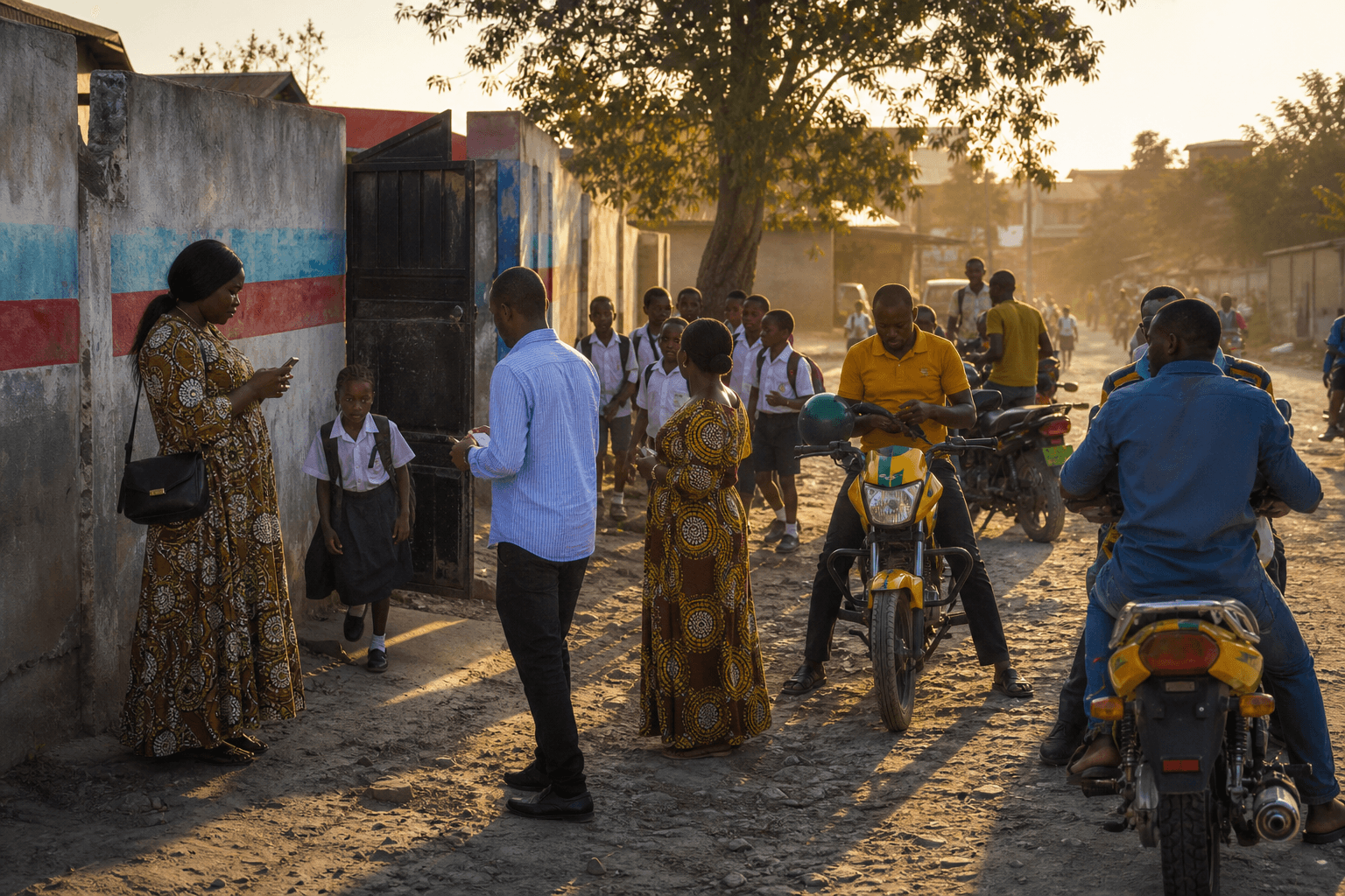 Sortie d'école à Kinshasa : portail, motos, parents avec téléphones et élèves en uniforme à l'heure dorée.